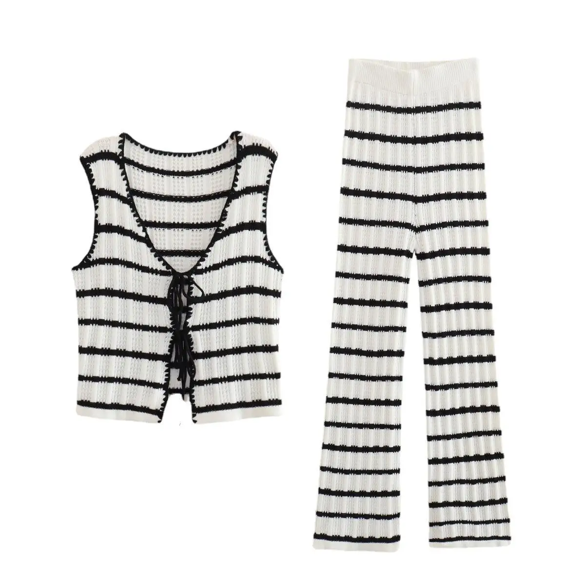 Summer Women\'s V-Neck Crochet Striped Top + High Waist Knitted Pants Set