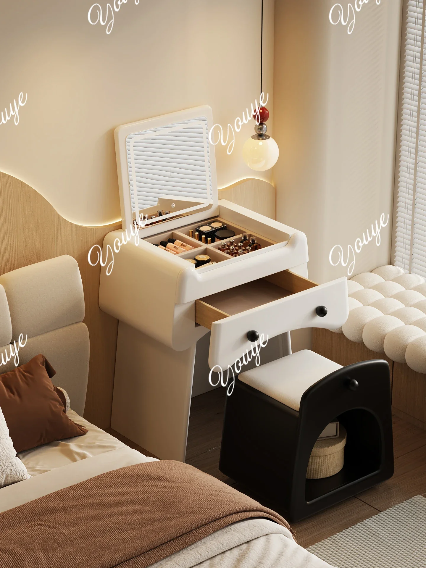 

XX Cream Wind Flip Dresser Bedside Table Simple Small Apartment Bedroom Bedside Cosmetic Cabinet With Stool Drawer