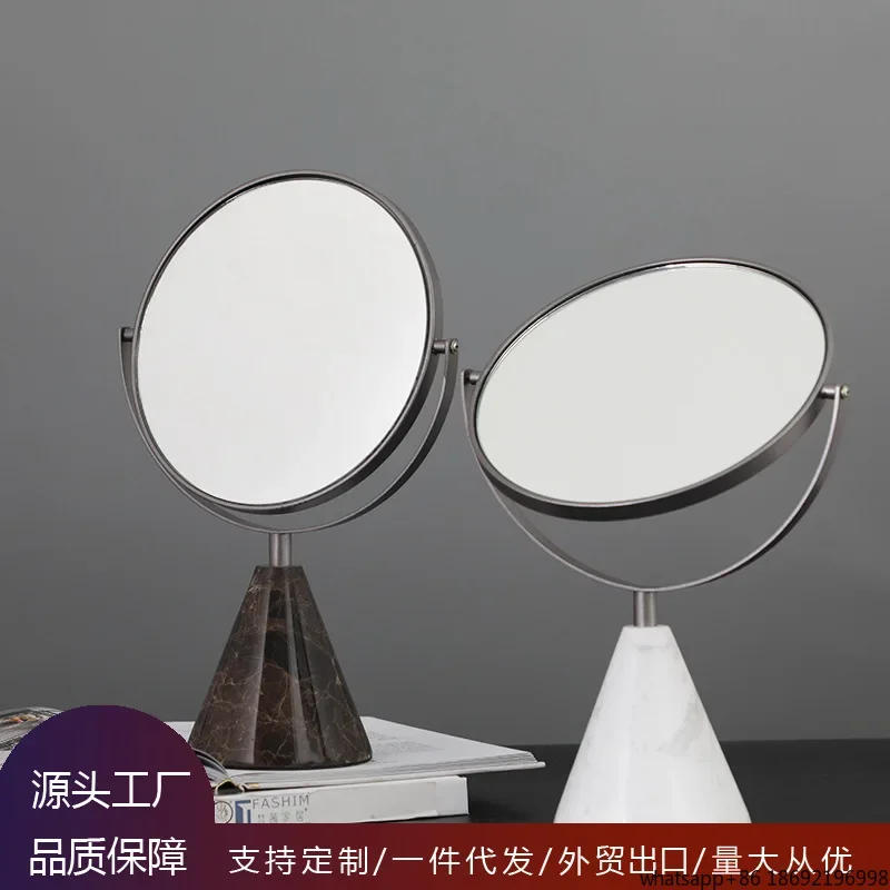 Desktop double-sided makeup mirror marble base model room bedroom ornament, metal frame desktop makeup mirror
