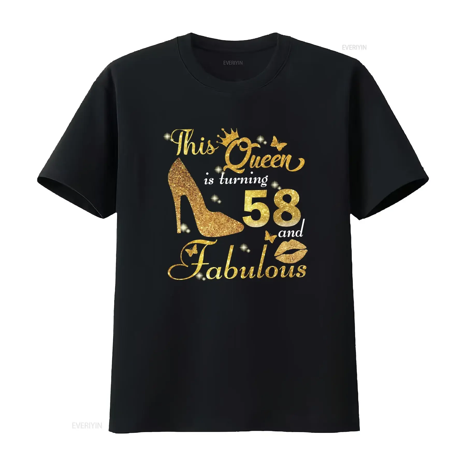 Glitter Gold 58th Birthday Queen Fabulous High Heel Crown Print Casual T Shirt vintage Washed Breathable Comfortable Versatile