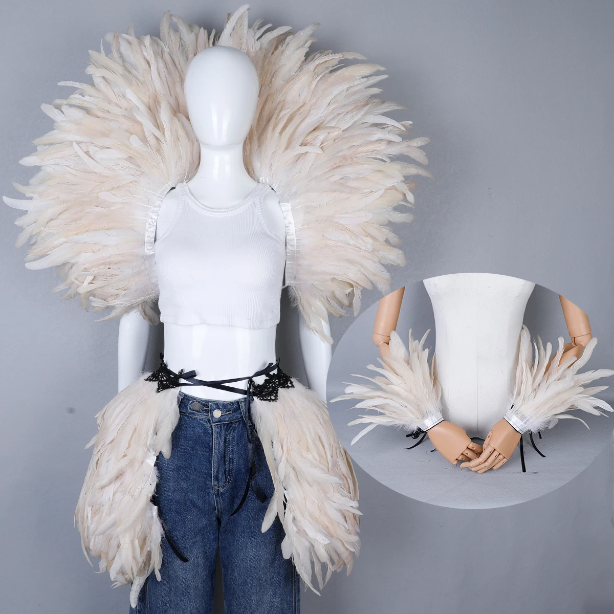 Gothic Karneval 3-teiliges Set Maskerade Gefiederter Kragen Brautschal Halloween Kostümzubehör für Damen Mode Cosplay Hexe – Detail 10
