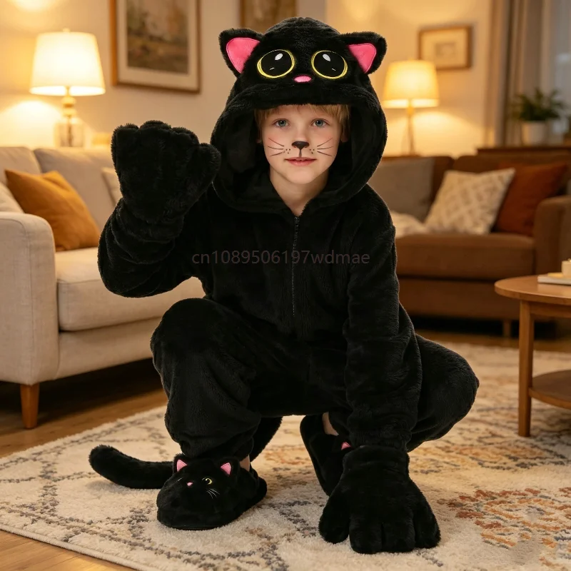 

Niño Black Big Eyes Cat Onesie Pajamas Animal Theme Mädchen Junge Stage Performance Cosplay Jumpsuit with Gloves Party Costume