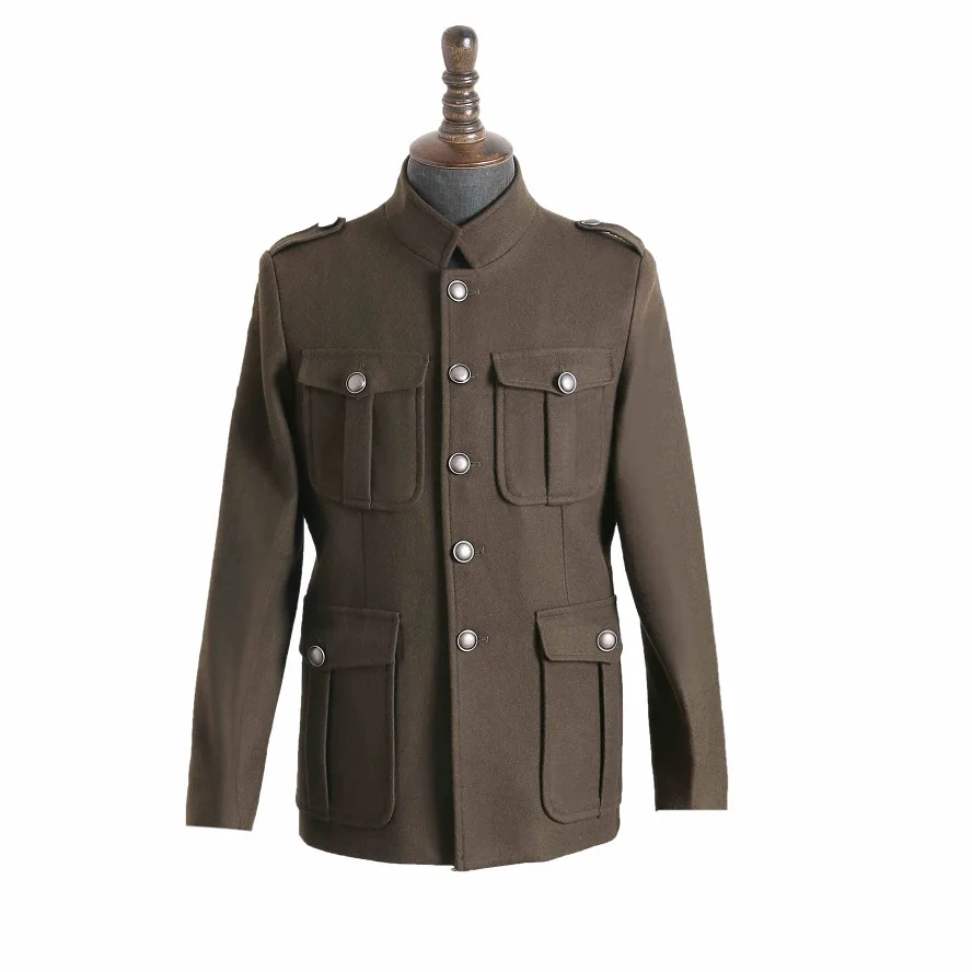 Autumn and Winter Retro American Blazer Woolen Thick Standing Collar Jacket Single Breasted Multi Pocket Military Green Coat