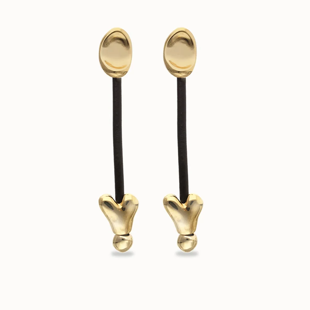Vintage Brown Rope Silver Heart Long Earrings - Minimalist Geometric Lines with Unique Aura view 4