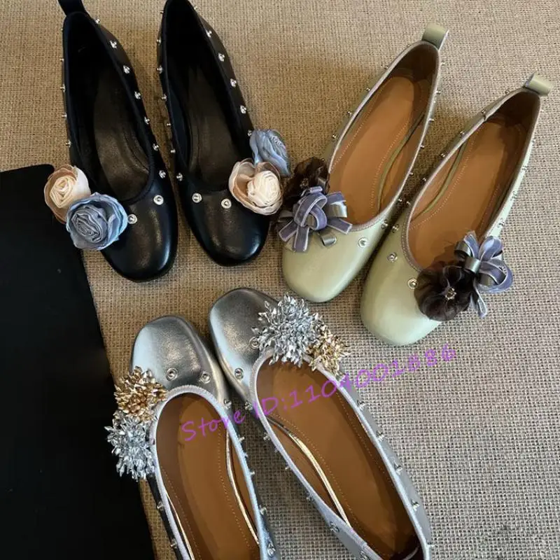 

Flower Decoration Rivet Mary Jane Shoes Fashion Versatile Round Toe Shallow Ballet Flats Summer Soft Soled Casual Women's Shoes