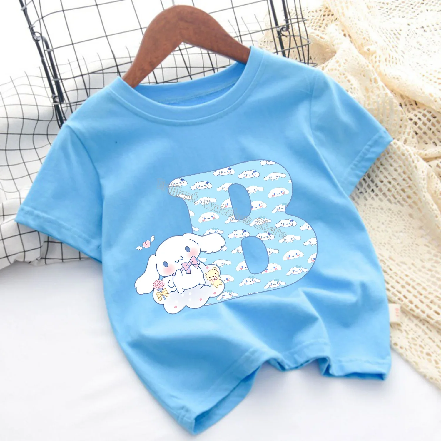 Cinnamoroll 26 Letters T-shirt Children Sanrio Cartoon T-shirt Fashion Blue Short Sleeve Cute Anime Loose Clothing Kids Tee Gift