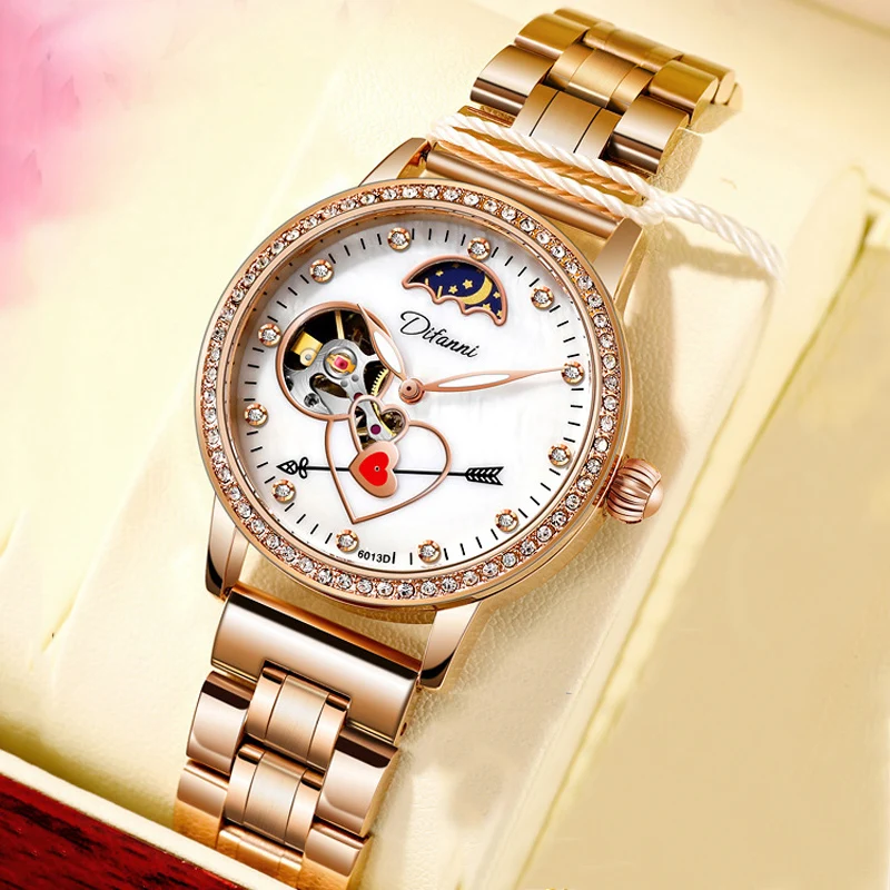 Fashion Design Love Rotate Mechanical Watch for Women Original Top Brand Rose Gold Clock Lady Waterproof Woman Automatic Watch