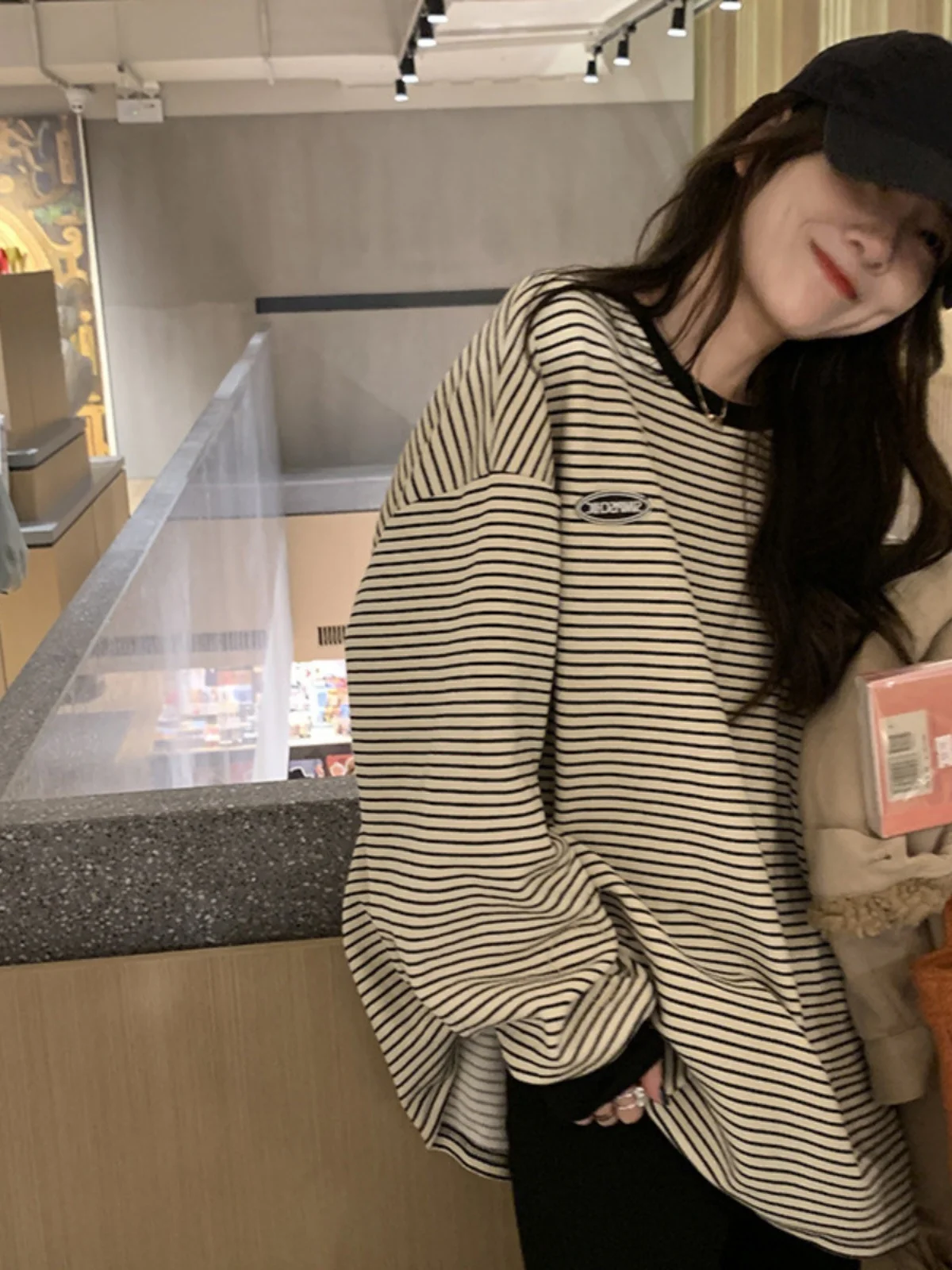 Dames gestreept lang Sve round Ne T-shirt Base irt Koreaanse Sle Top herfst nieuwe collectie comfortabel losvallend sweatshirt