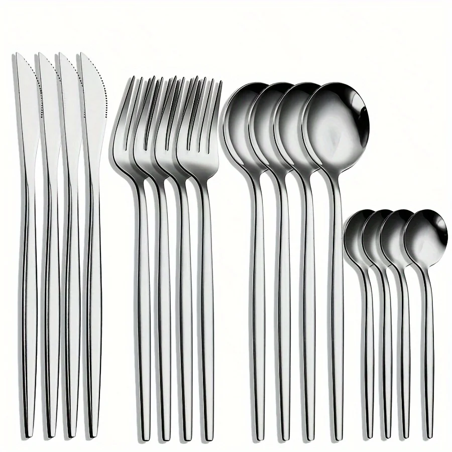 

16-Piece Premium Stainless Steel Portuguese Cutlery Set - Durable Knives, Forks, Spoons, and Dessert Spoons for Home, Kitchen