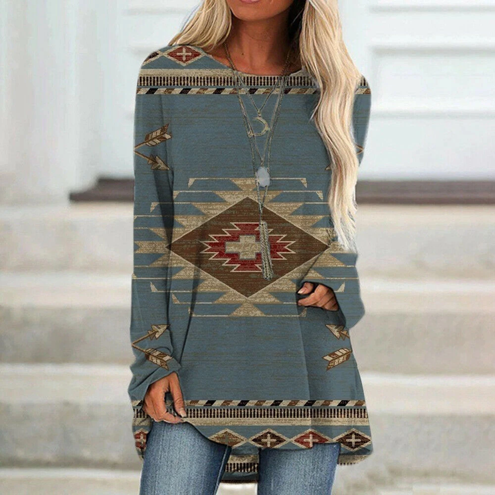 Feather Print Women\'s T-shirts Vintage Pattern Long Sleeves T shirt Indians Style Women Clothing Tops Autumn Loose Pullover