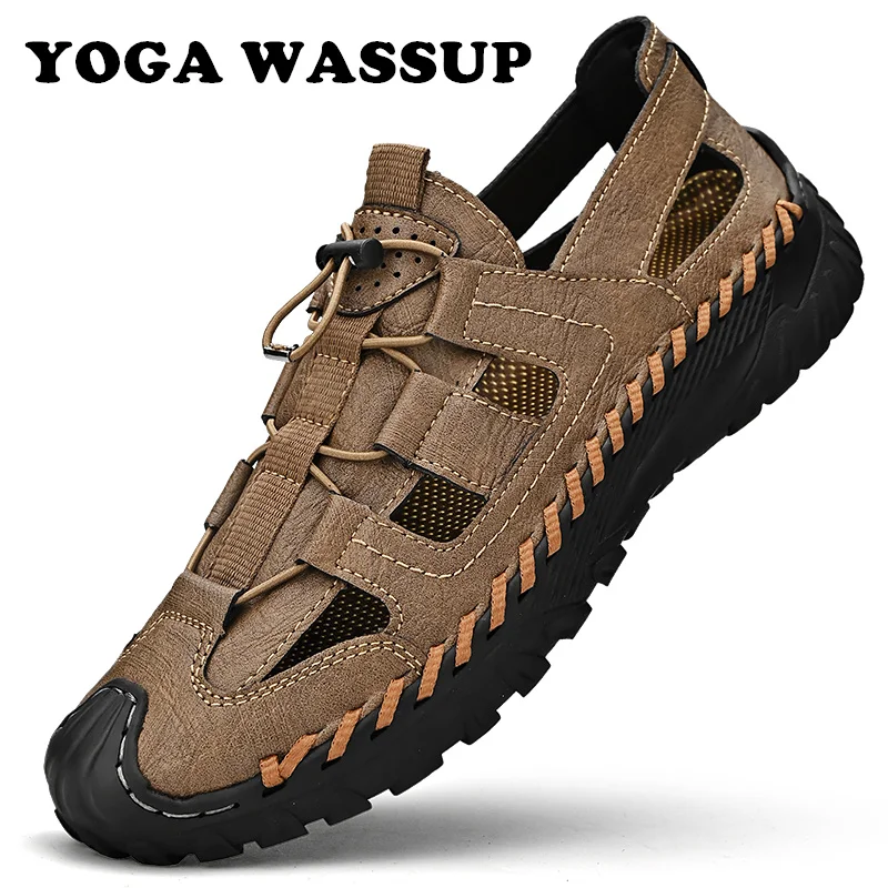 YOGA WASSUP-New men's classic leather summer sandals, anti-collision leather breathable beach shoes, hiking non-slip toe sandals