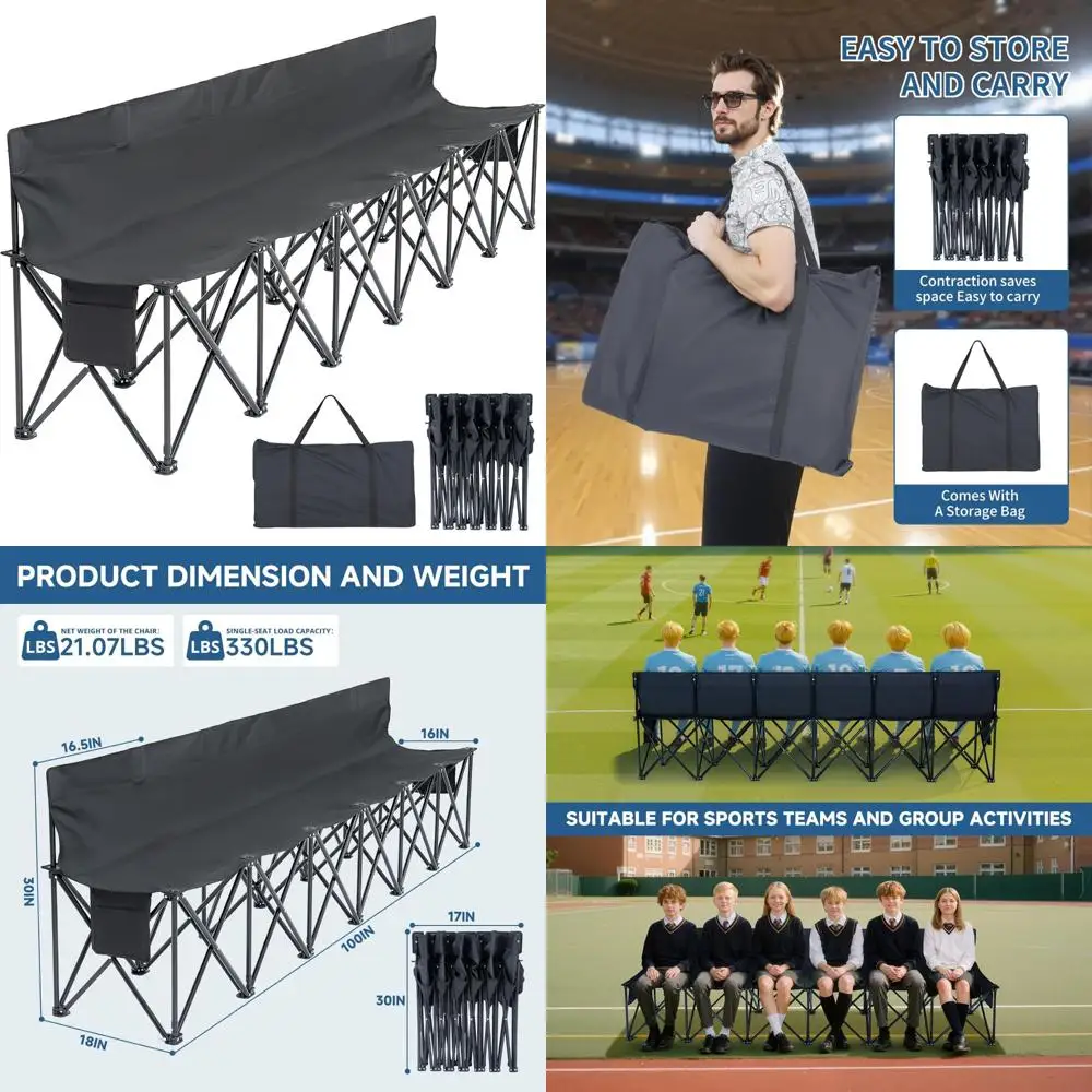 مقعد كرة قدم محمول قابل للطي بـ 6 مقاعد مع مساحة تخزين ومسند ظهر لجانب الفريق