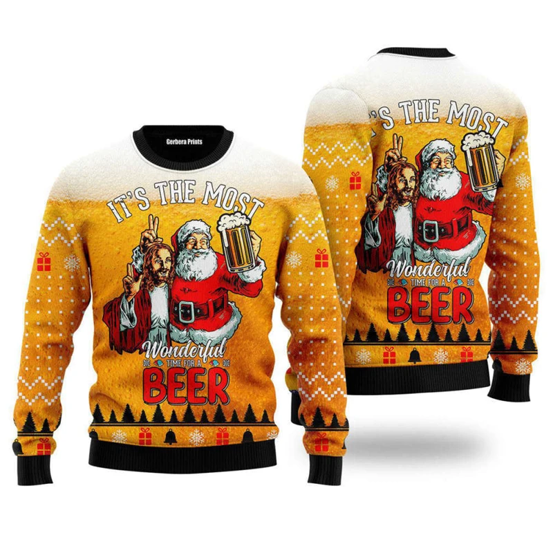 

Christmas Beer Party Funny Ugly Sweater For Men Fun Santa Claus And Jesus Pattern Sweatshirt New Year Xmas Sweatshirts 2026