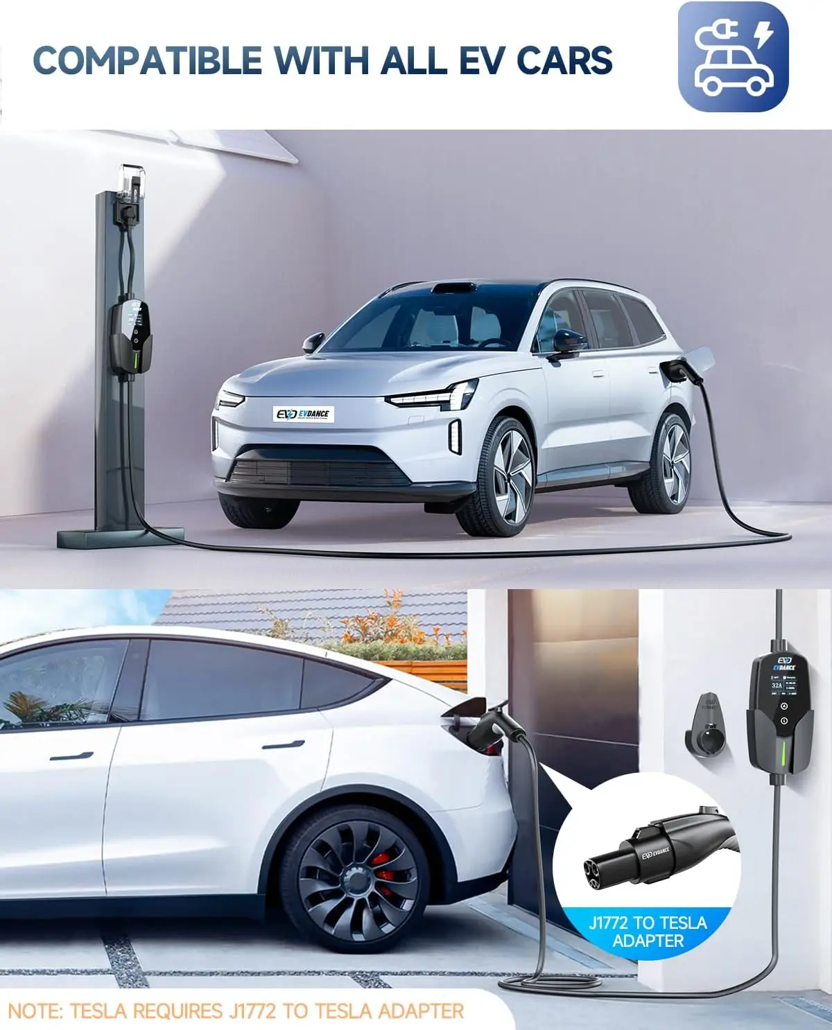 EVDANCE Draagbare EV-laders 32A Type1 7,68 kW Niveau 2 EV-oplader NEMA 14-50 Autolader Snelle laadstroom Verstelbare US-stekker