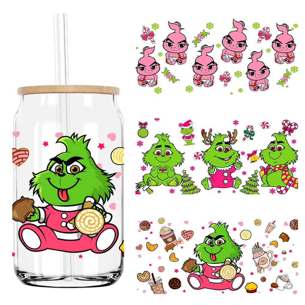 

Christmas Santa Green Baby 16OZ UV DTF Cup Wrap Transfer Stickers Custom Labels DIY Durable Waterproof Logo For Libbey Glass Can