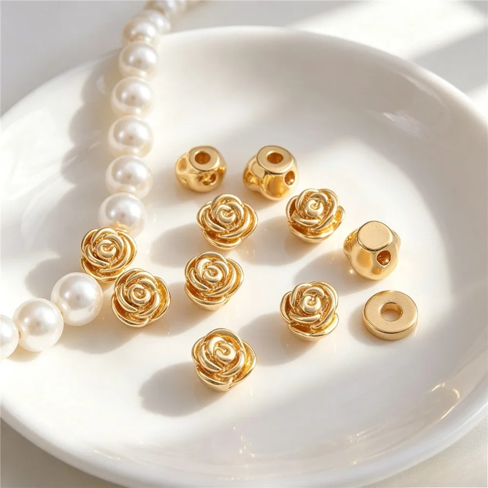 14K Gold Plated 3D Rose Through Hole Spacer Beads Loose Floral Beads DIY Pearl Handmade Jewelry Findings