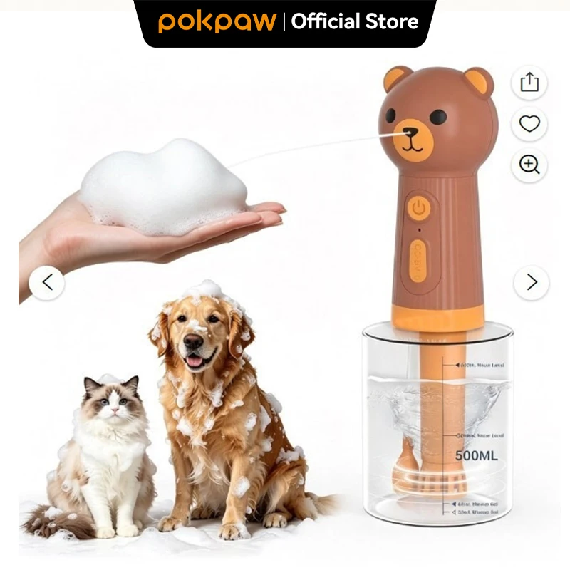 POKPAW Dog Bath Foam Machine IPX7 Waterproof Automatic Pet Bubble Sprayer Type-C Rechargeable 400ml Cleaning Tool for Pets
