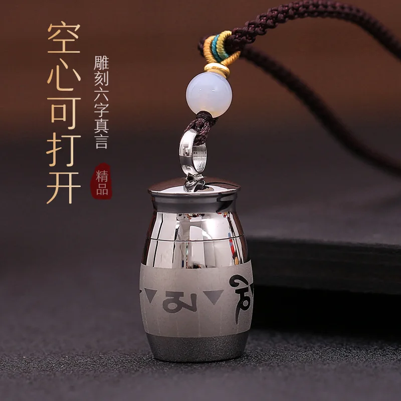 Chinese Style Six True Words Openable Hollow Lucky Blessing Pendant Necklace Stainless Steel Mini Pill Box Good Luck Fortune Amu