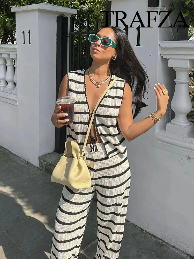 TRAFZA Women Summer 2 Piece Suit Black And White Striped V-Neck Lace-Up Tops+WomanKnitted High Waist Wide Leg Pants Set Traf