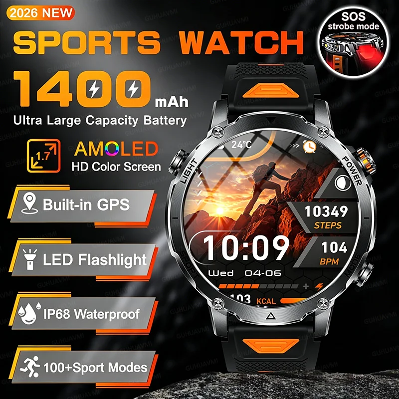 New Military 1400mAh Battery 200-Day Standby Smartwatch Man SOS LED Flashlight Swim Diving Waterproof GPS Tactical Sport Watches
