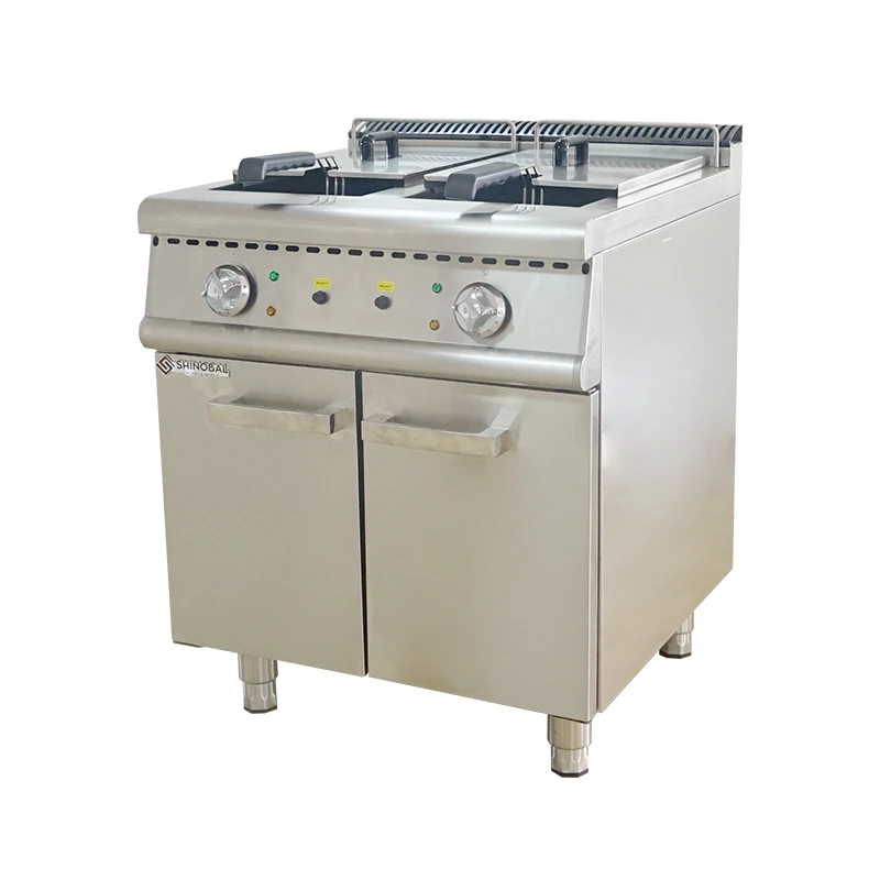 

Commercial Electric 2 Tank Double Basket Hot Dog Deep Fryers With Cabinet