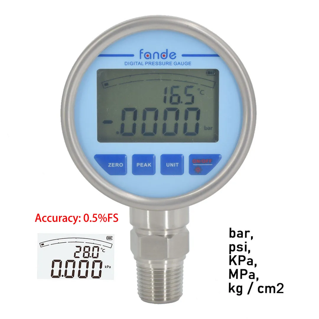 FANDE Absolute Vacuum Pressure Gauge 1bar Accuracy 0.5%FS 5 Digits Display Battery Powered Dia 80mm G1/4 G1/2 1/2NPT 1/4NPT