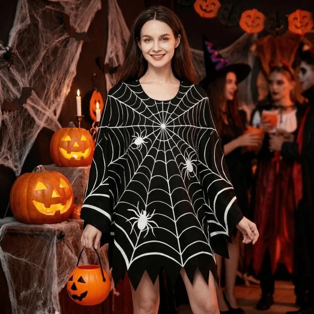 Multi-functional Scary Halloween Spider Web Cloak Creepy Black Shawl Poncho Cape Cosplay Outfit Stage Drama