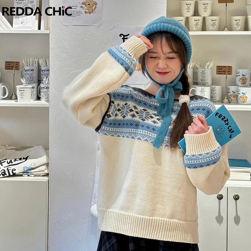 

ReddaChic винтажный вязаный женский свитер Fair Isle, праздничный вязаный крючком пуловер с круглым вырезом и длинными рукавами, джемпер, топ, осенне-зимняя одежда