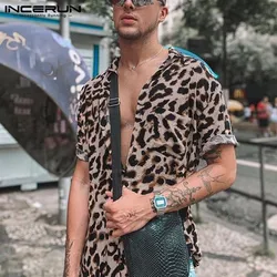 INCERUN 2024 Men Shirt Lapel Short Sleeve Summer Leopard Print Fashion Mens Hawaiian Shirts Streetwear Casual Camisas S-5XL