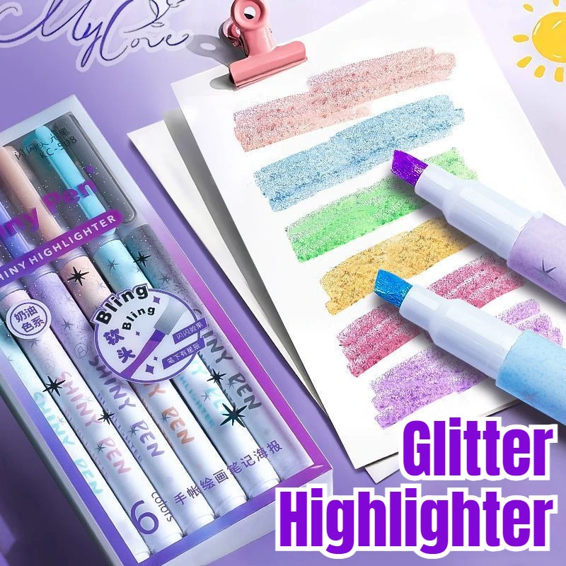 6pcs Glitter Highlighter Pens Sparkling Pastel Art Marker for Note-Taking Scrapbook  Painting Stationery School Supplies