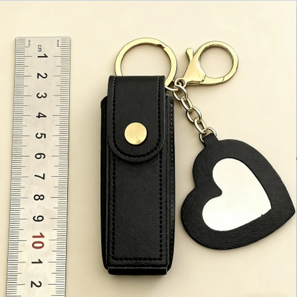 Fashion Storage Portable Leather Lipstick Keyring Mini Bag Keychain Protective Cover with Mirror Girl Key Ring Chain Women Gift
