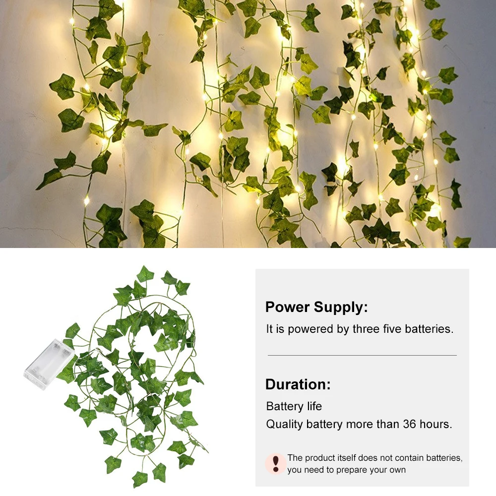 Guirxiété lumineuse LED de vigne de lierre Él, chaîne de lumière dégradée de cuir chevelu vert, décoration de désherbage, Noël, maison, mur, plante, 2m, 20 ampoules