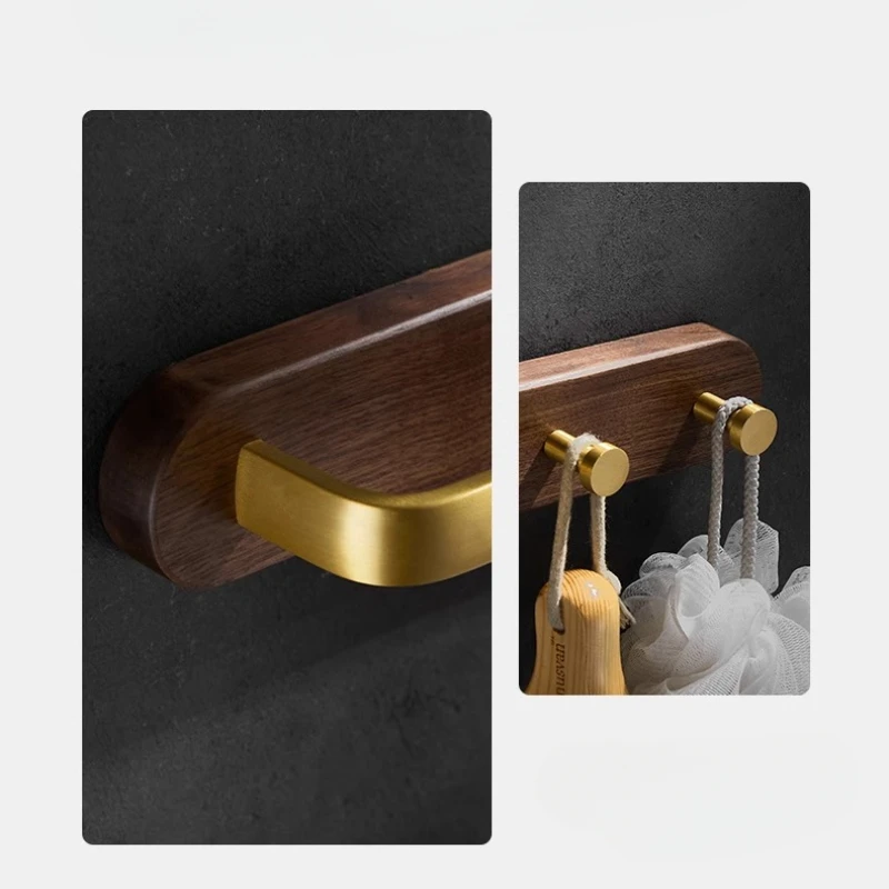 Golden Space Aluminum Towel Rack with Hooks, Bathroom Solid Wood Rack, Toilet Towel Bar, Kitchen Rack, No Drilling Required