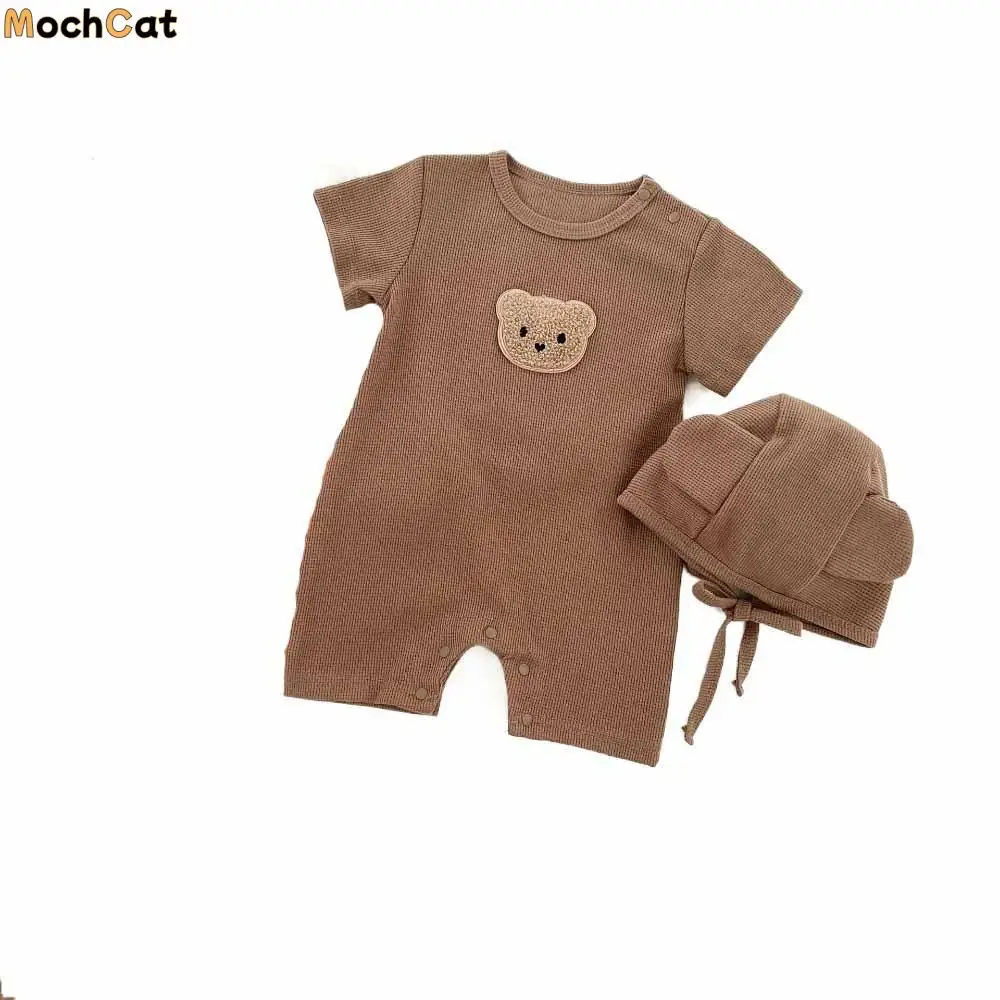 

Short Sleeve Baby Romper Soft Fabric Cute Bear Design Cartoon Bear Bodysuit Pure Cotton Waffle Texture Newborn Onesie