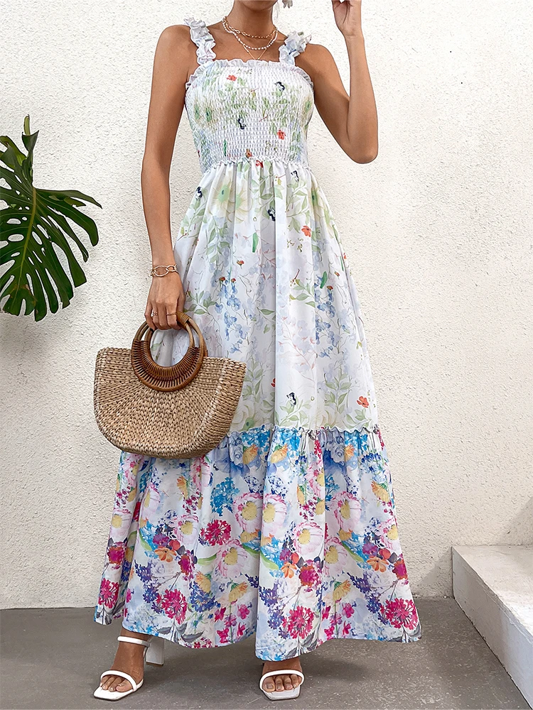 

Summer Holiday Spaghetti Strap Long Dress Runway Women Single Flower Print Beach Vacation Midi Vestidos Camisole