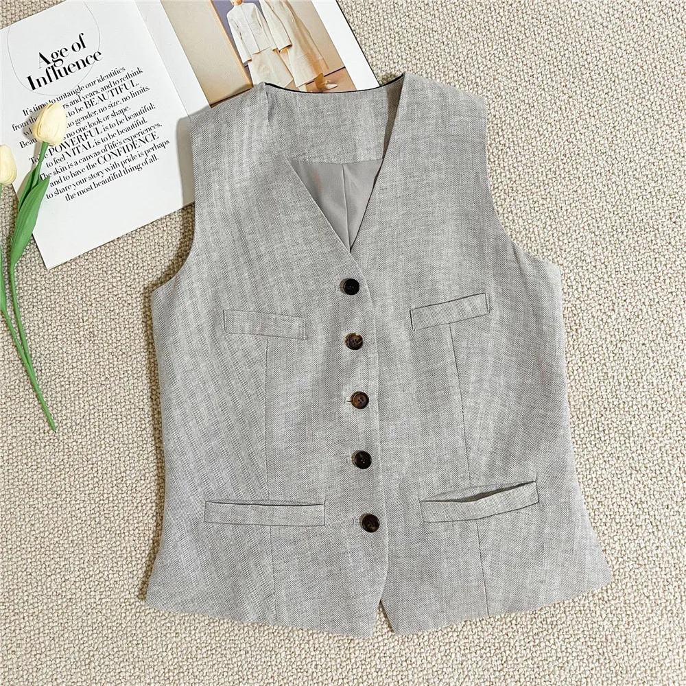 เสื้อผ้าผู้หญิง ฤดูใบไม้ร่วง/ฤดูหนาว 25 รุ่นใหม่ สไตล์หรูหราเบาๆ ผ้าลินินแท้ ลายก้างปลา ชุดสูท+เสื้อกั๊ก+กางเกงขายาวทรงตรงลำลอง ชุดสามชิ้น