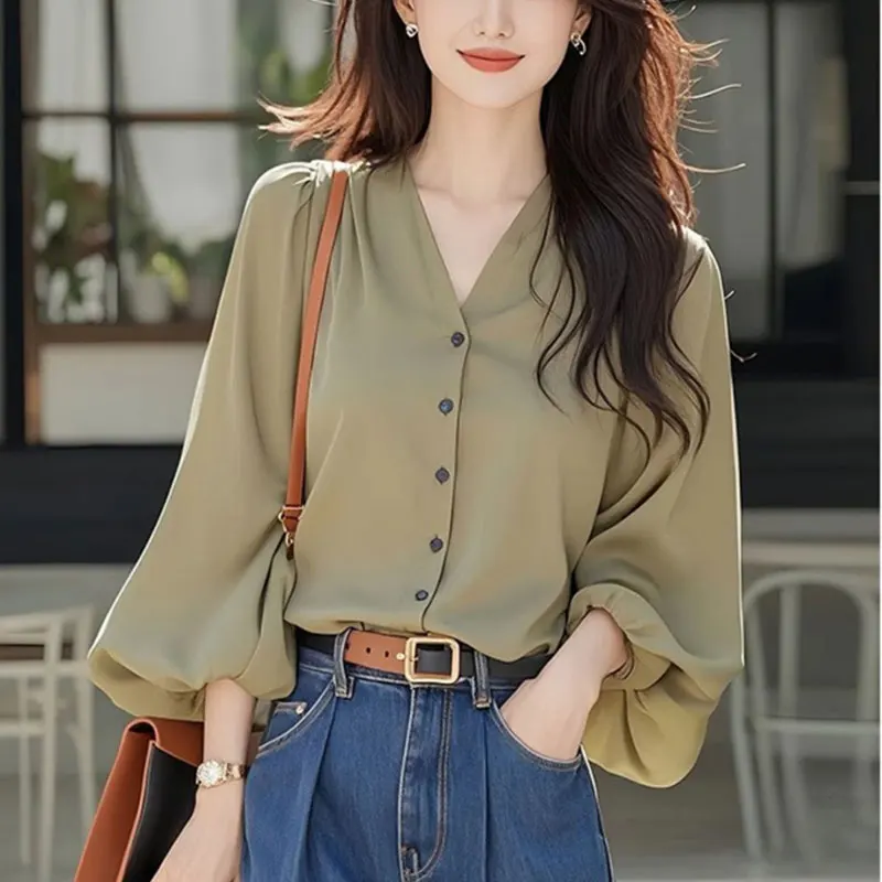 Women\'s Autumn Fashion Simplicity Solid Color V-neck Long Sleeve Chiffon Shirts Women Clothes Casual All-match Temperament Tops