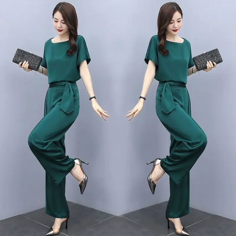 

Elegant Women Pant Set 2 Pieces Outfits For Summer 2023 New Office Lady Fashion Solid O-neck Top Soft Comfortable Pantsuits