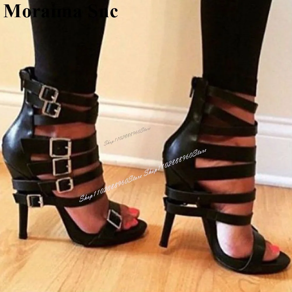 

Sexy Black PU Leather Buckle Strap Sandals Thin High Heel Women Shoes Back Zipper Open Toe 2024 Fashionable Zapatos Para Mujere