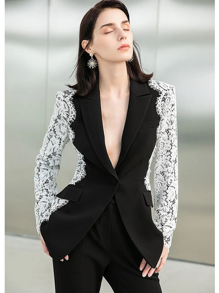 Black Blazers with Lace Sleeve for Women Weddings 2023 New Fashion Slim Fit One Button Lace Panel Sleeve Coat Suit Formal Blazer