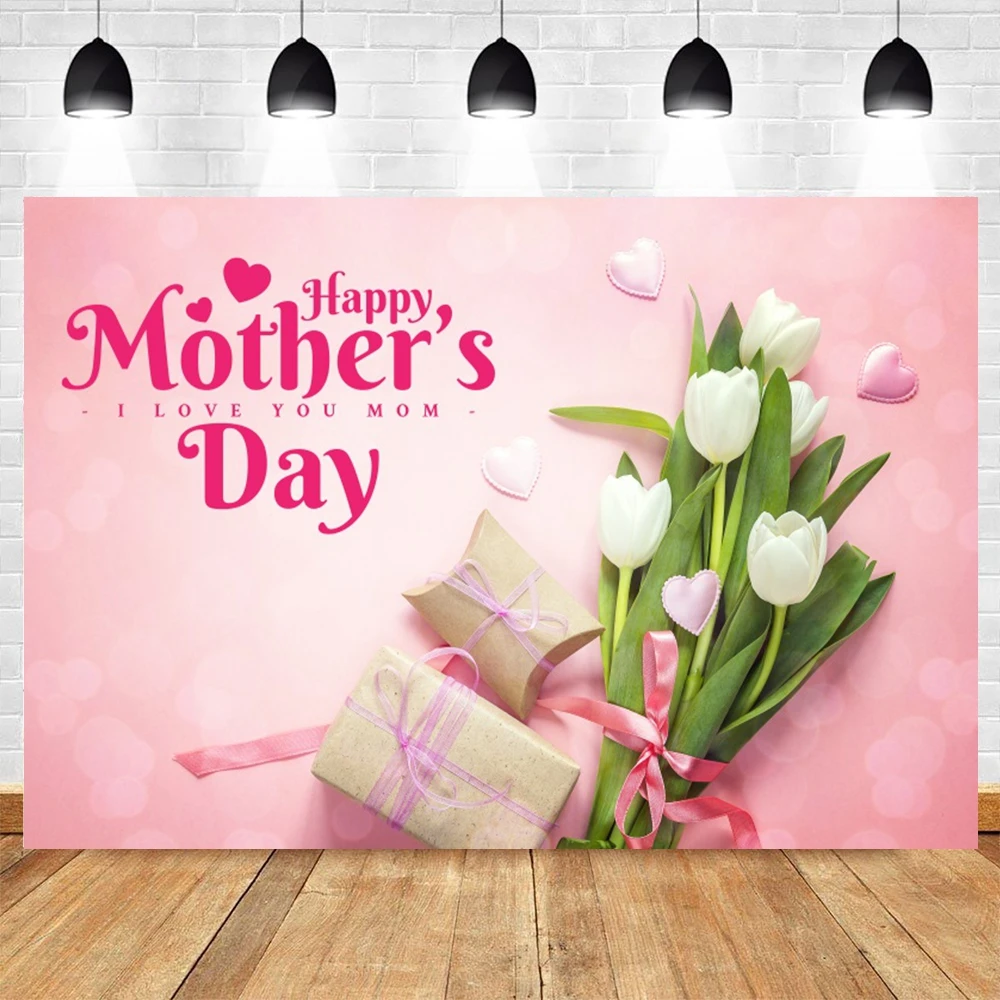 Happy Mother's Day Backdrop Floral Love Heart I Love Mom Background for Mother's Day Women Queen's Day Party Photo Studio Props