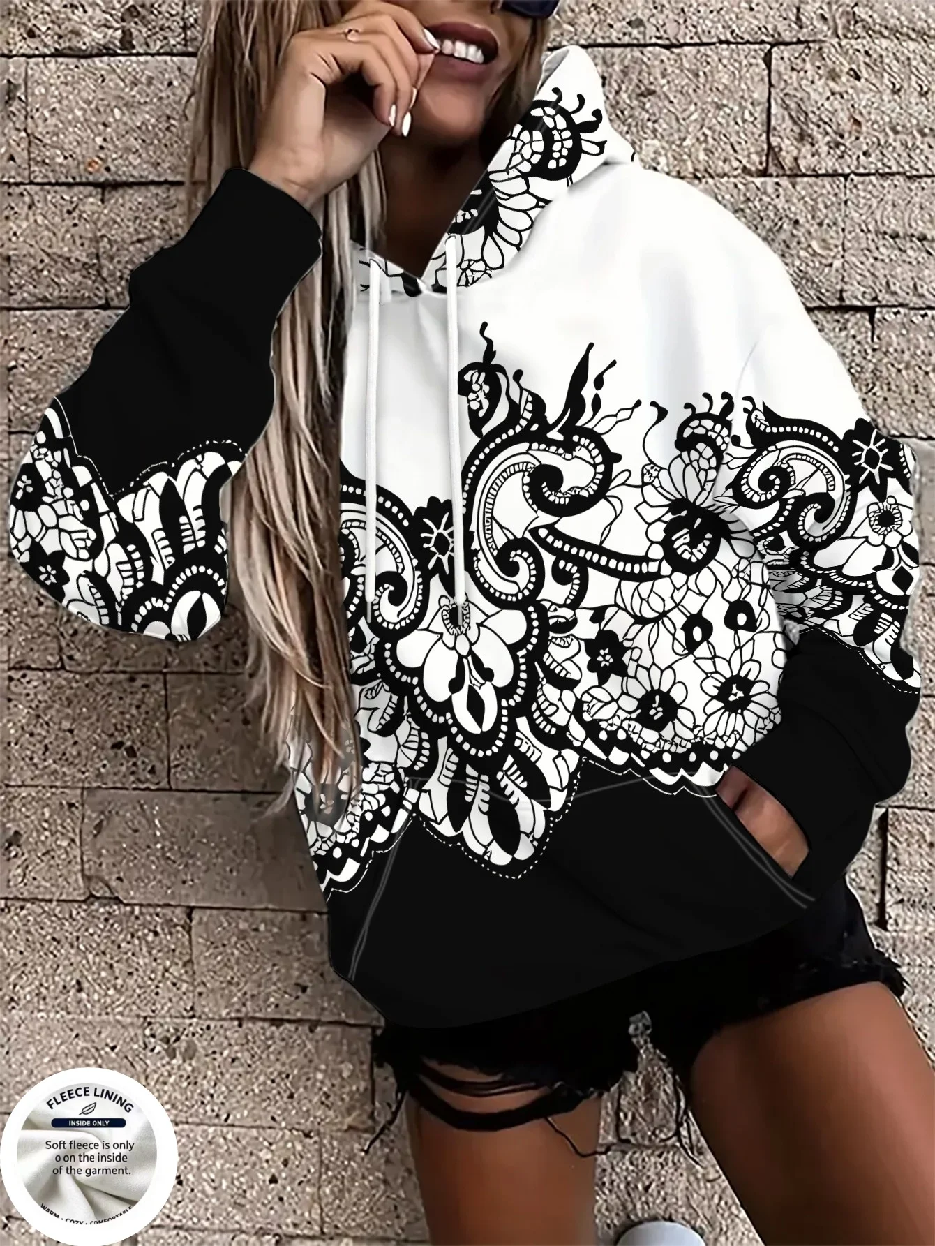 Women Vintage Lace Floral Gradient Print Hooded Fleece Sweatshirt, Bohemian Pattern Long Sleeve Pullover Hoodie