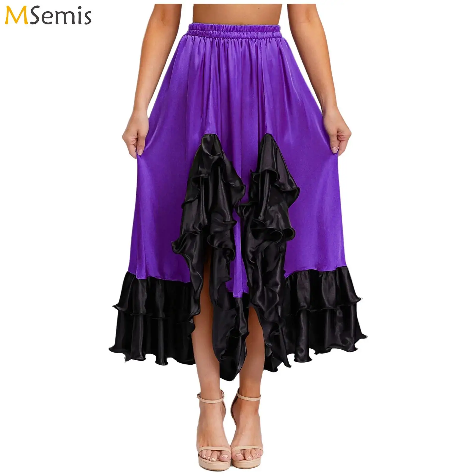 Damska spódnica do flamenco, tańca hiszpańskiego i balowego, z falbankami, nieregularnym dołem, satynowa, z dużym zamachem, kostiumy do tańca brzucha, tanga i salsy.