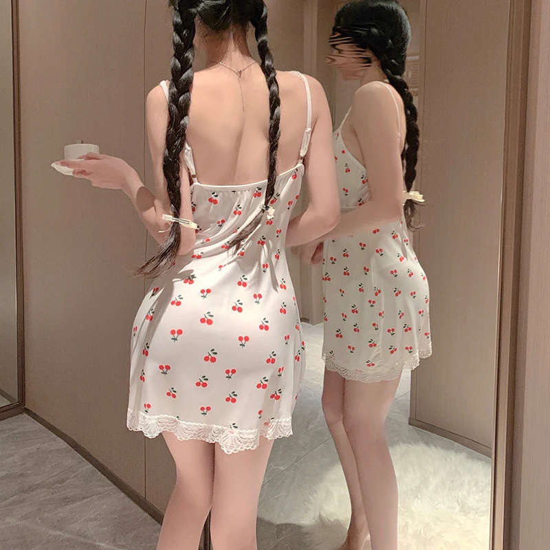 Women's Sexy Sleep Dress Deep V-Neck Cherry Print Lace Adjustable Straps Side Slit Soft for Dates