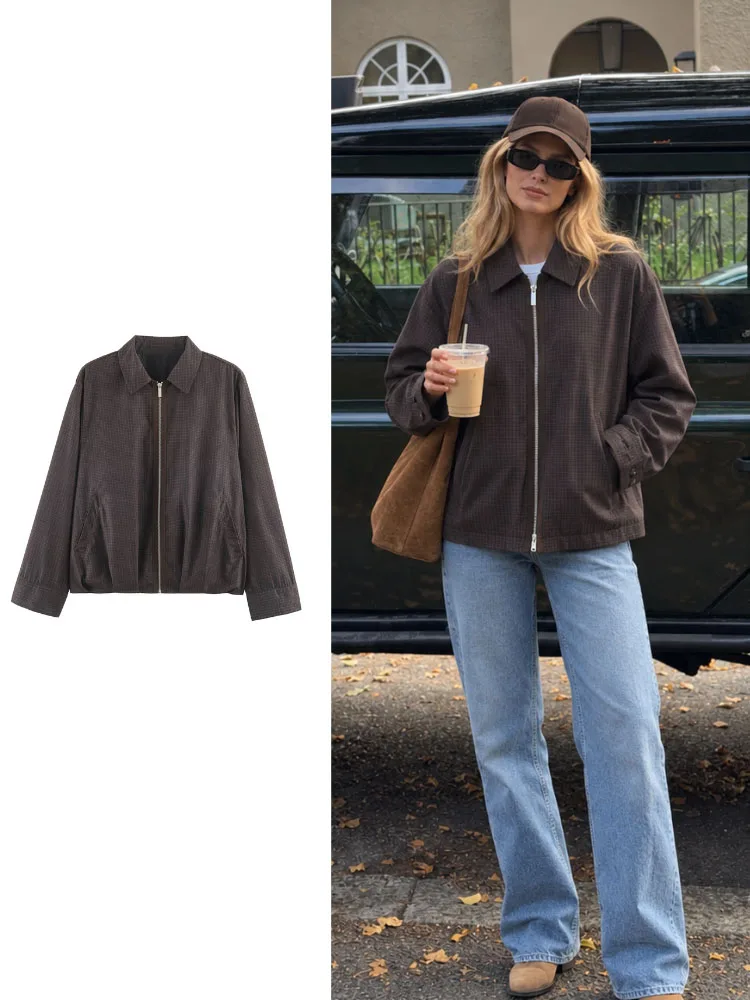 HH Women Vintage Plaid Bomber Jacket Fall Winter Casual Zip Up Coat Lightweight Loose Fit Long Sleeve Streetwear Outerwear