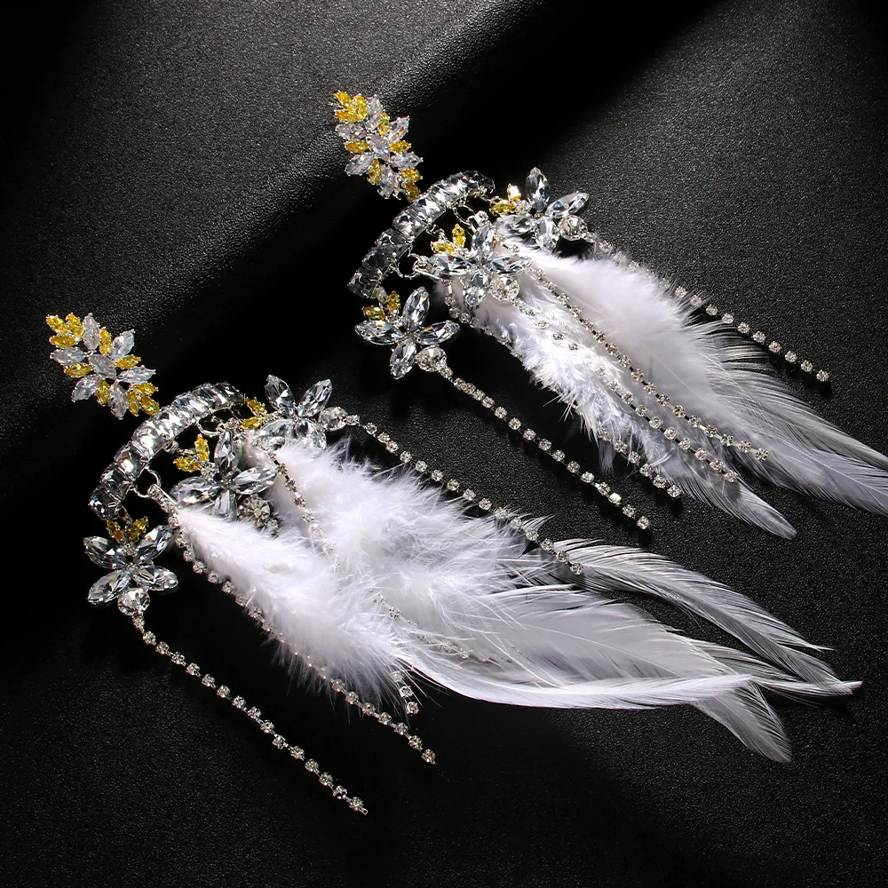 Fashion White Feather Exaggerate Earrings Tassel Wedding for Women Boho Jewelry Sparkly Large Rhinestone Earrings Free Shipping