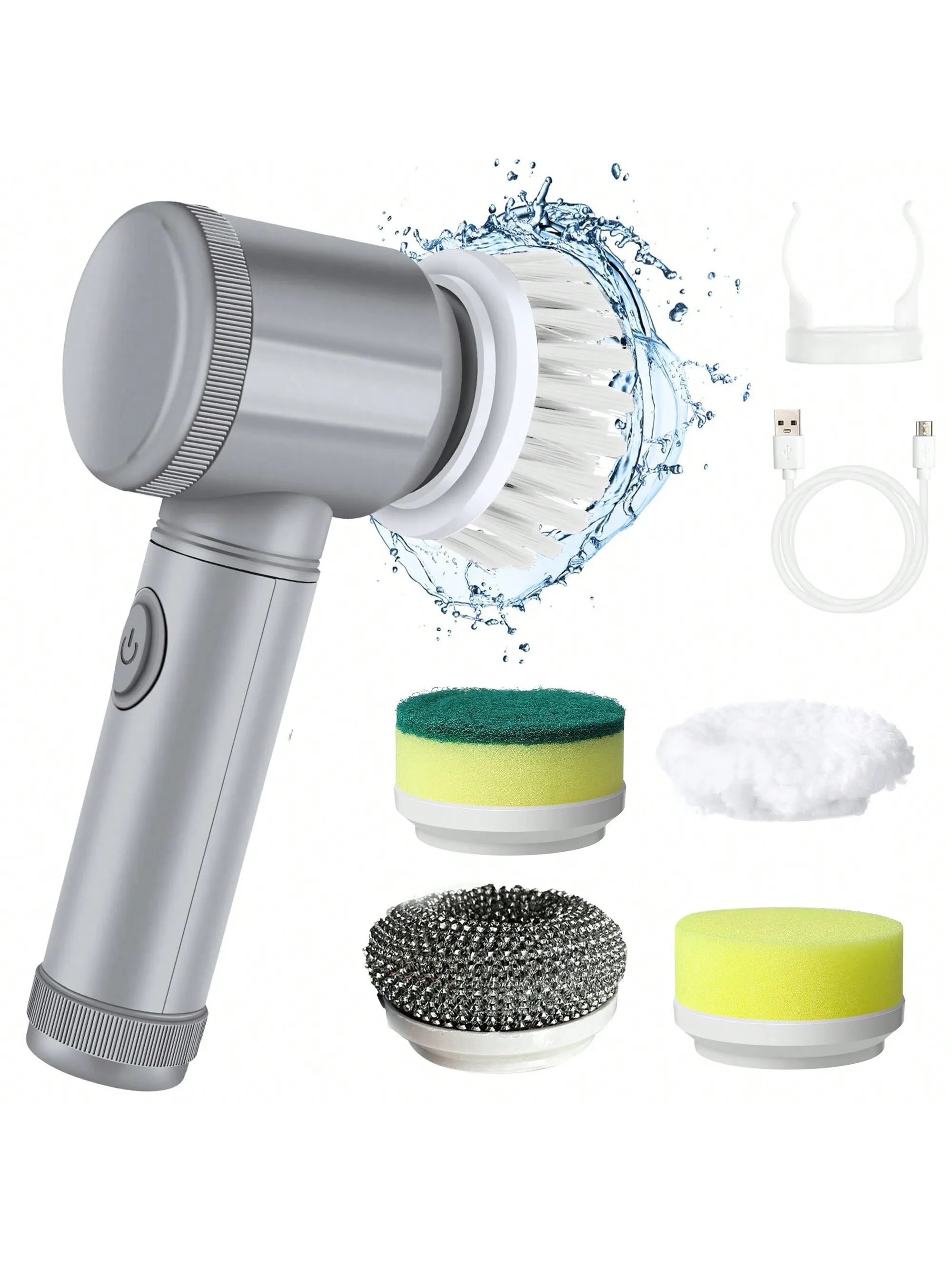 1 Set Electric Spin Scrubber With 5 Replaceable Brush Head Power Cordless Kitchen Scrubber HandheldRechargeable Shower Scrubber