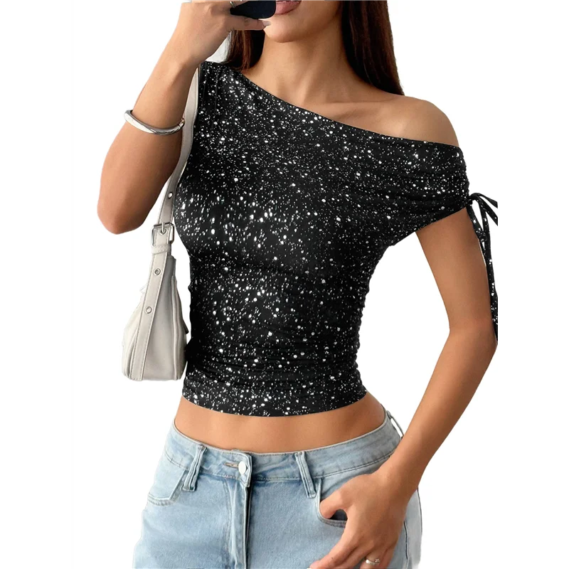 

【SEE】One Shoulder Sequin Sparkly Tops For Women Ruched Asymmetrical Glitter Tops Slimming Party Shirts