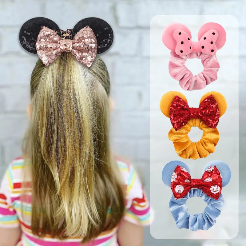 Wholesale Disney Mouse Ears Velvet Scrunchies Hairband Women Elastic Ponytail Holder Girl Sequin Bow Kids Party Hair Accessories