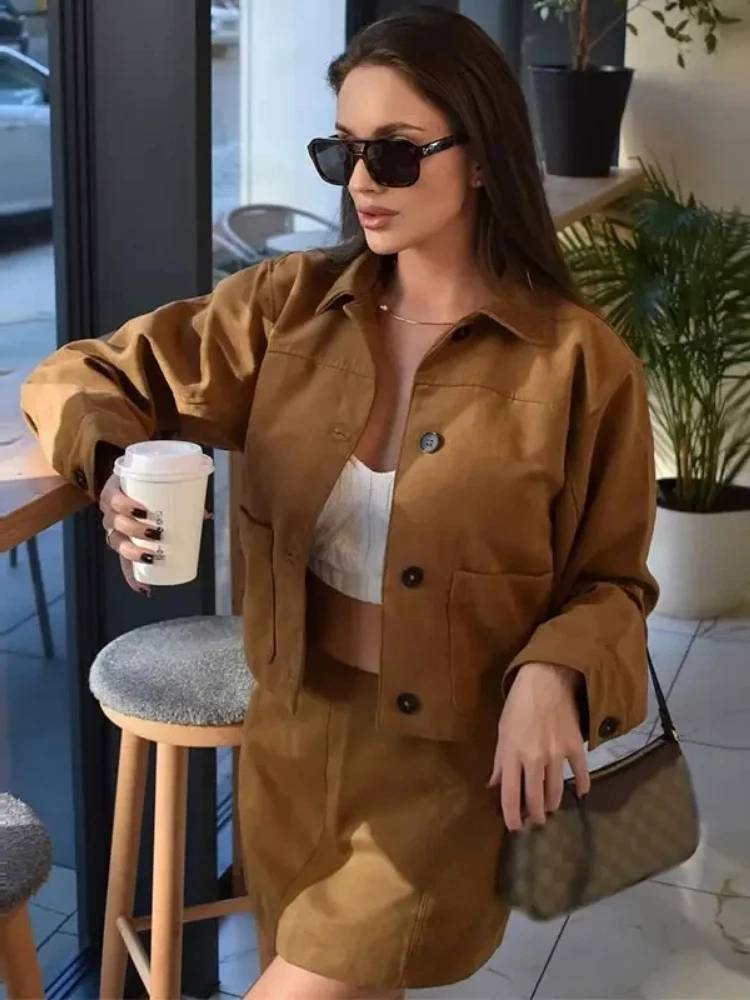 Suede Short Jacket Mini Skirt Suit Lapel Single Breasted Double Pocket Coat Retro Hidden Zipper A-line Skirt Fall Winter New Set